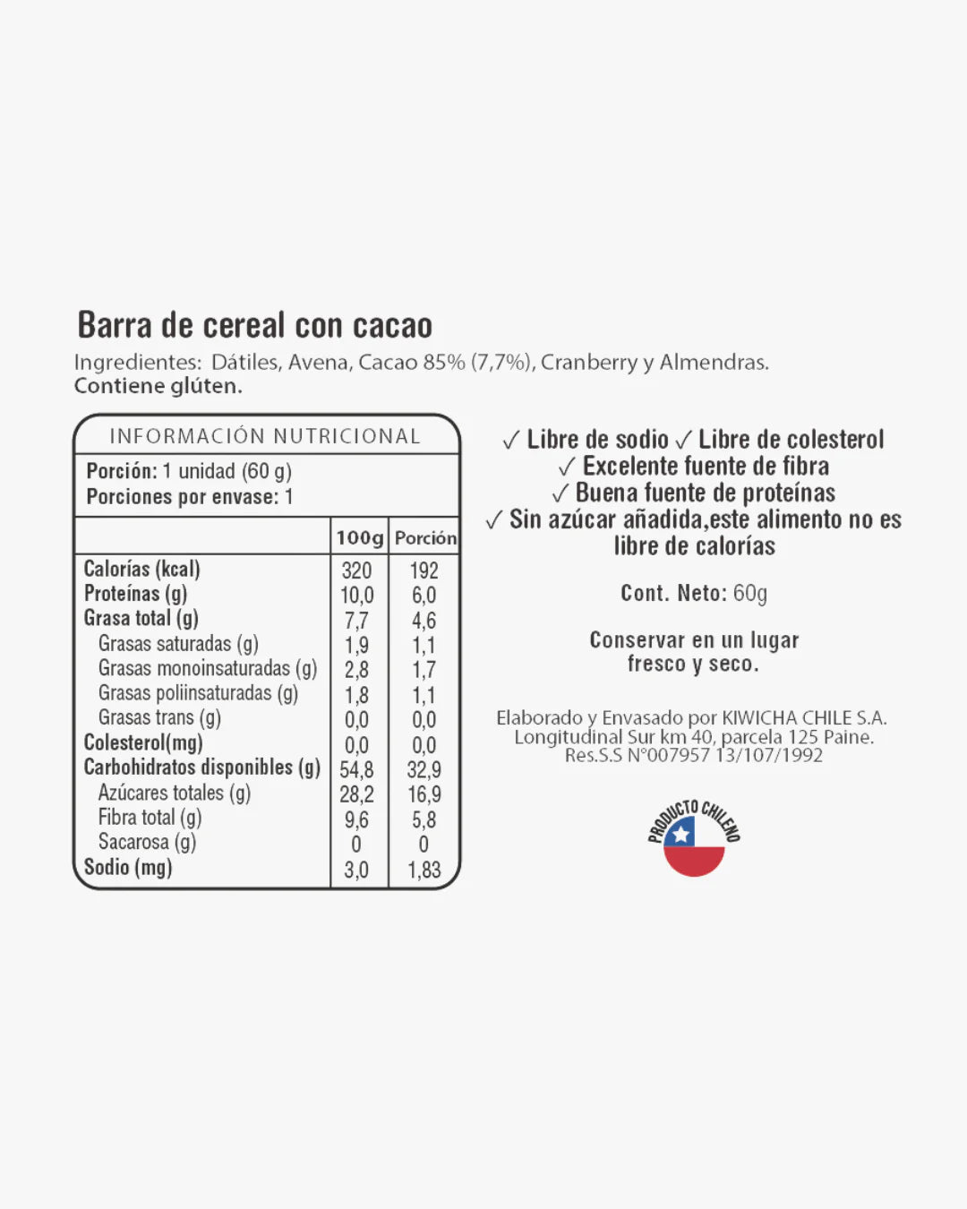 Barra Energética Cacao 85% Kiwicha — 60 g Energía vegetal · Sin azúcar añadida · 100% vegana
