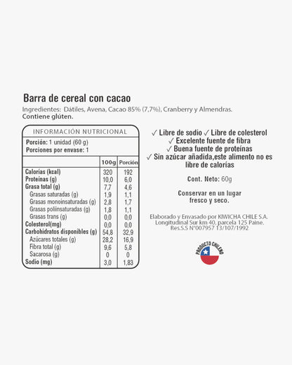 Barra Energética Cacao 85% Kiwicha — 60 g Energía vegetal · Sin azúcar añadida · 100% vegana