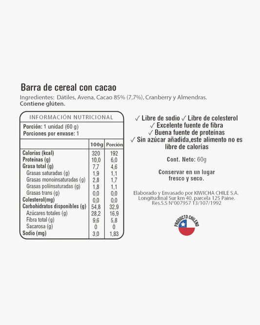 Barra Energética Cacao 85% Kiwicha — 60 g Energía vegetal · Sin azúcar añadida · 100% vegana