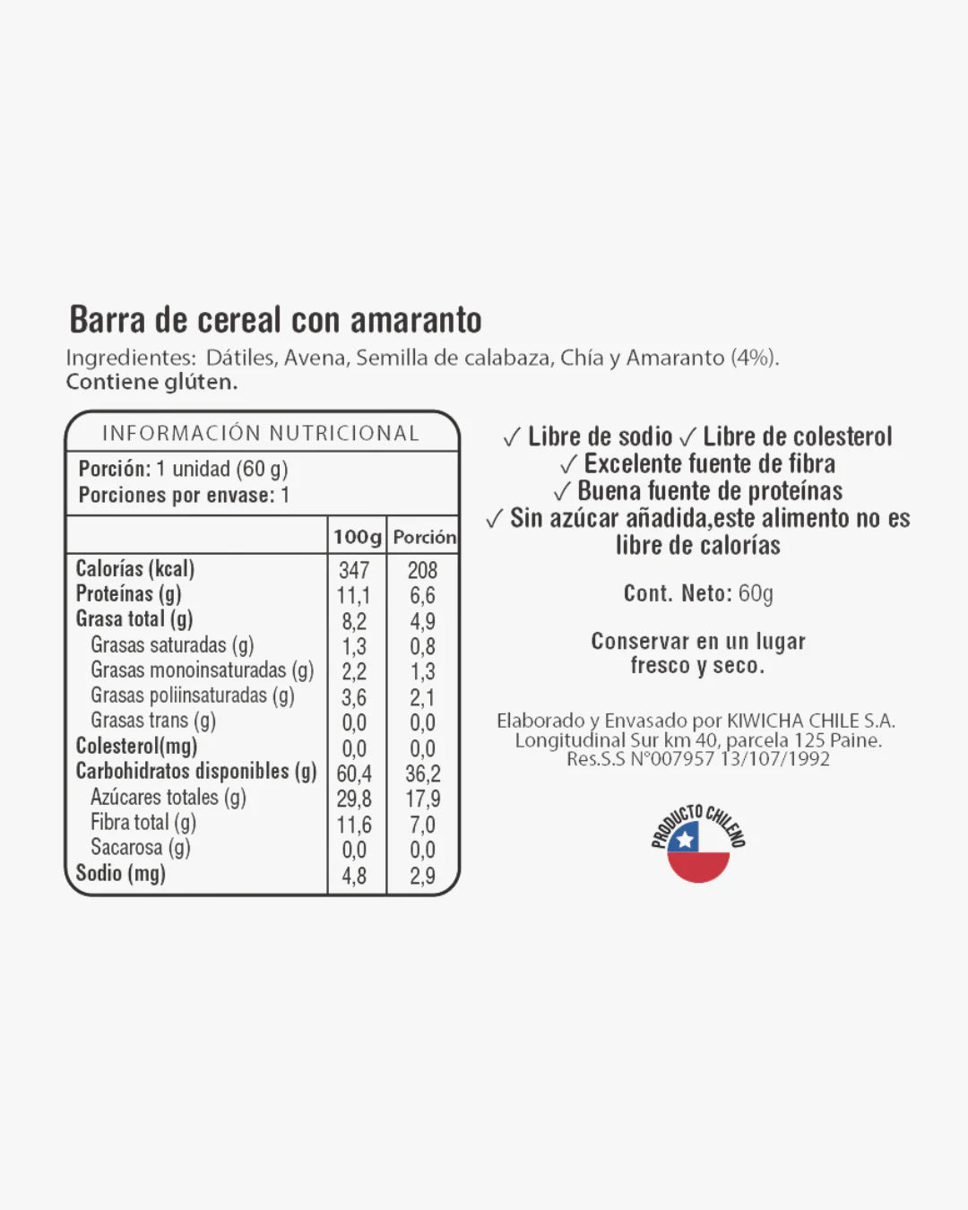 Barra Energética Amaranto Kiwicha — 60 g Superalimento andino · Alta fibra · Sin azúcar añadida · 100% vegana