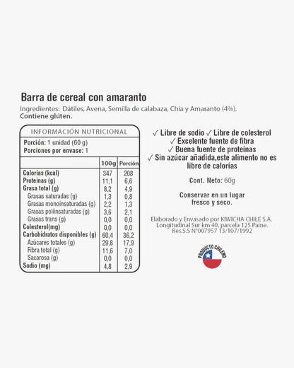Barra Energética Amaranto Kiwicha — 60 g Superalimento andino · Alta fibra · Sin azúcar añadida · 100% vegana
