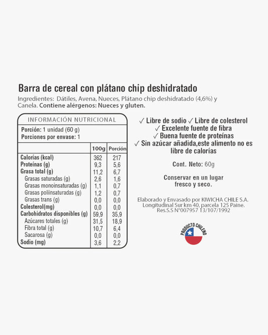 Barra Energética Plátano Kiwicha — 60 g Plátano chip deshidratado · Nueces · Sin azúcar añadida · 100% vegana